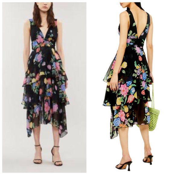 NWT TOPSHOP FREIDA PINAFORE TIERED FLORAL MIDI DRESS IN BLACK MULTI 2 - Picture 1 of 15